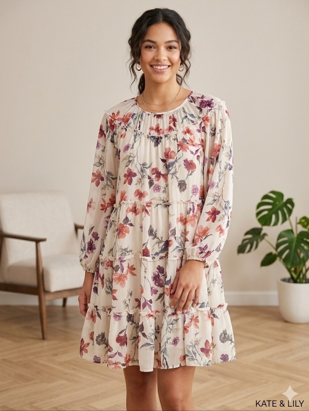 Kate & Lily Beige Floral Chiffon Tiered Babydoll Dress Size 10 Women's